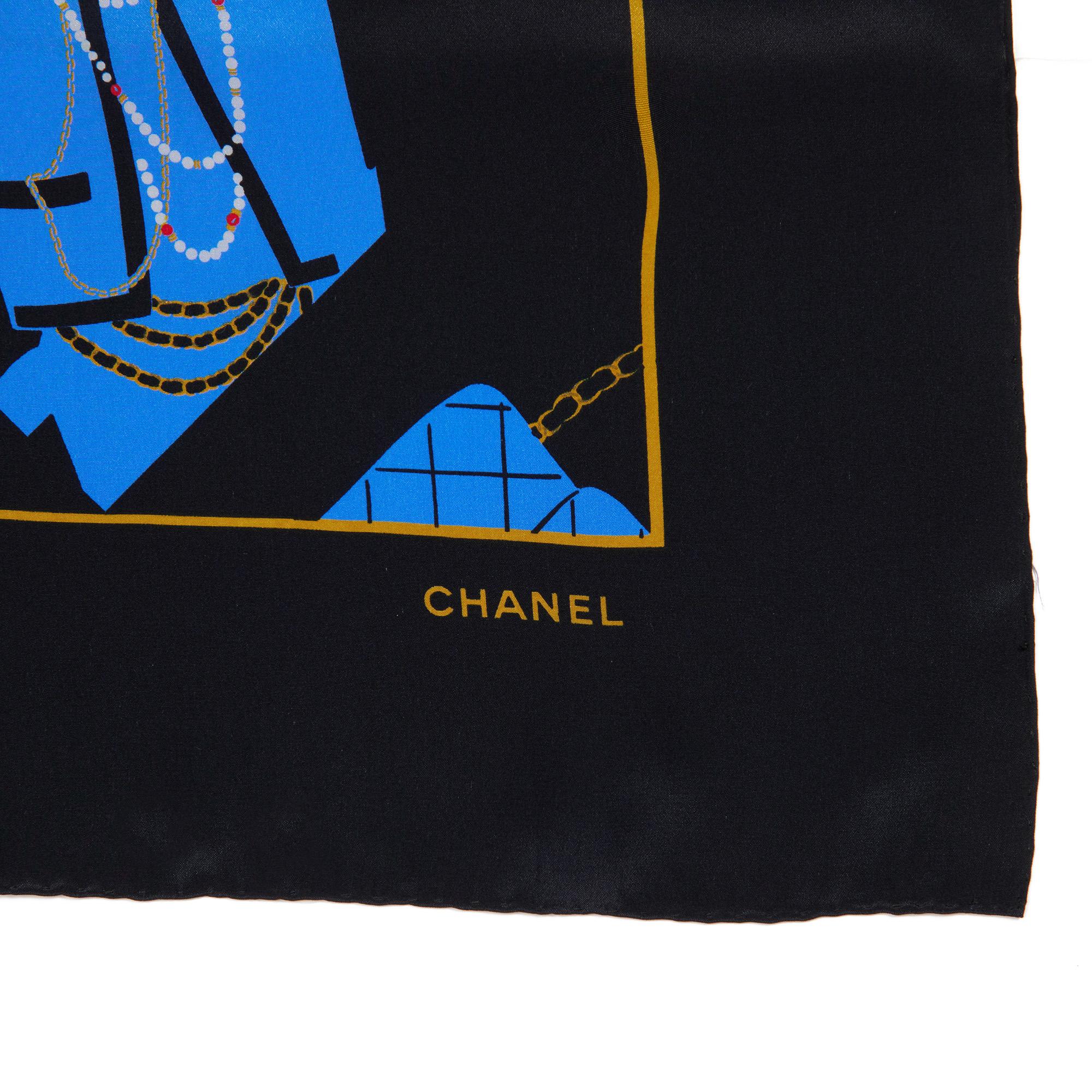 Chanel Black & Blue Silk Vintage Flap Bag Motif Scarf In Excellent Condition For Sale In Bishop's Stortford, Hertfordshire