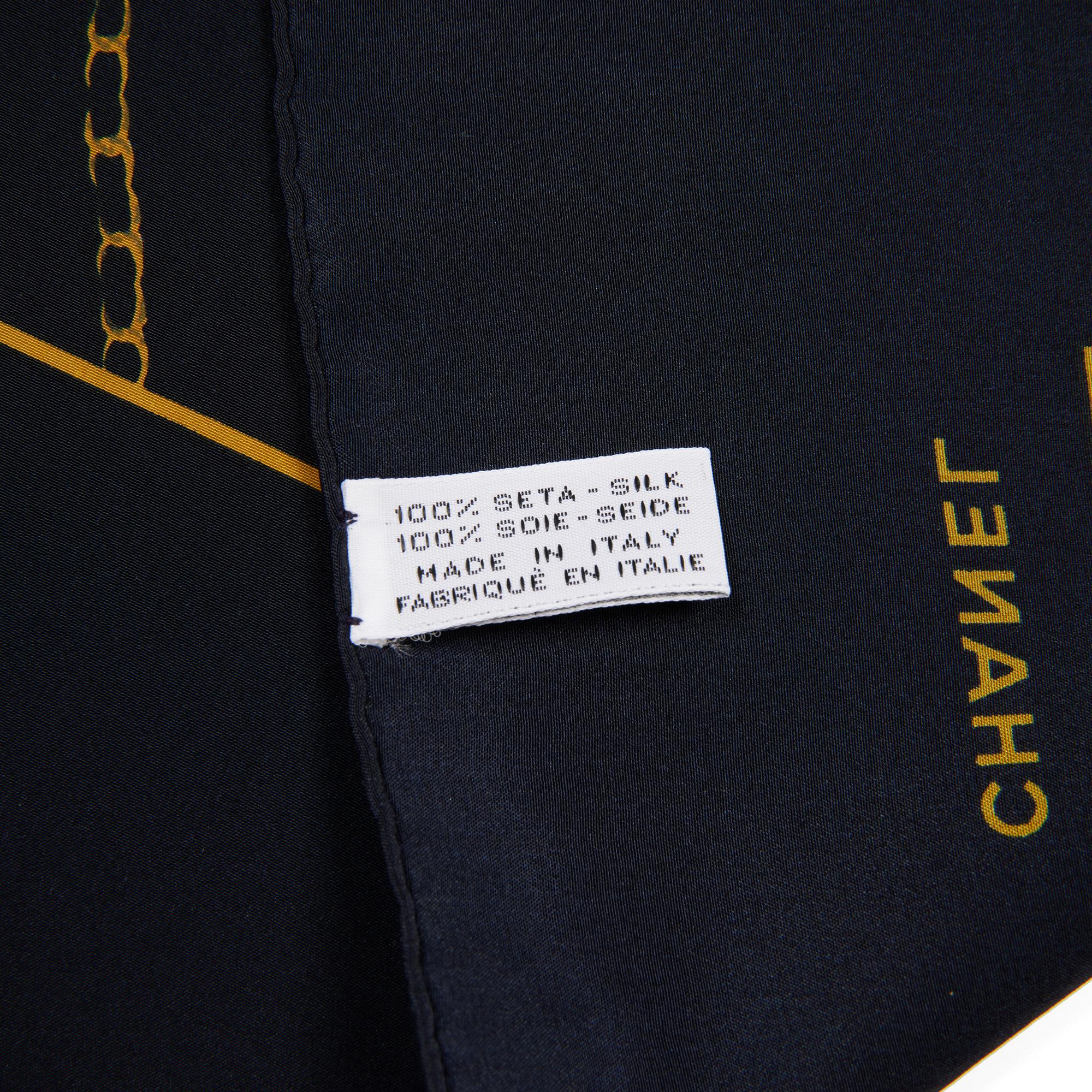 Women's or Men's Chanel Black & Blue Silk Vintage Flap Bag Motif Scarf For Sale