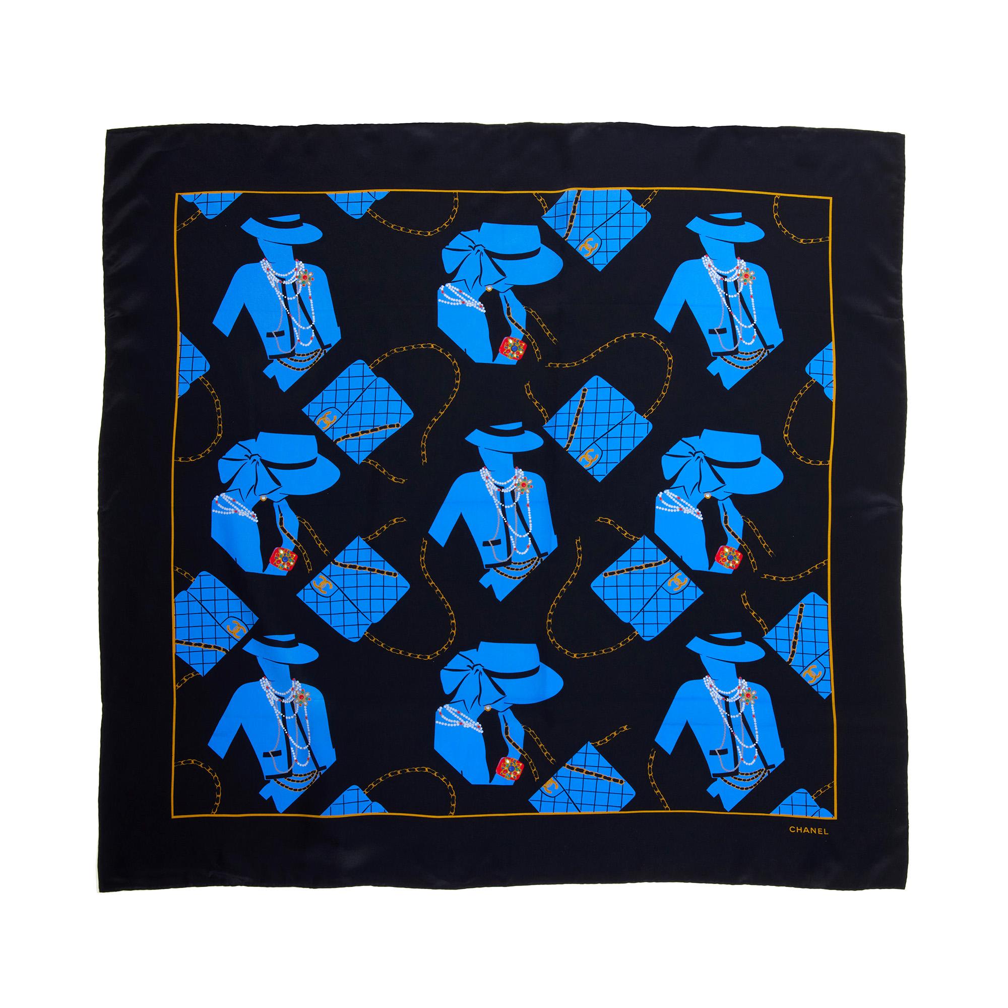 Chanel Black & Blue Silk Vintage Flap Bag Motif Scarf For Sale