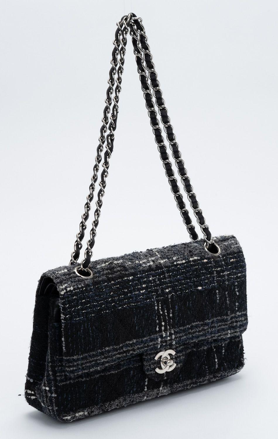Chanel black and blue tweed classic double flap with lambskin interior. Can be worn two ways: shoulder drop, 17.5