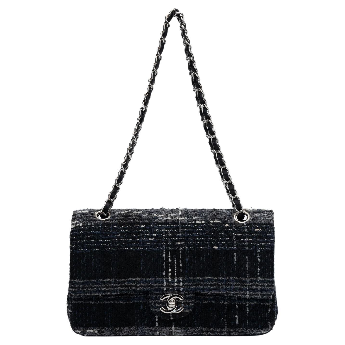Chanel Black Blue Tweed Double Flap 10" For Sale