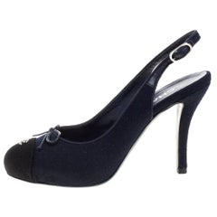 Chanel Black/Blue Tweed Fabric Bow CC Cap Toe Slingback Sandals Size 38.5