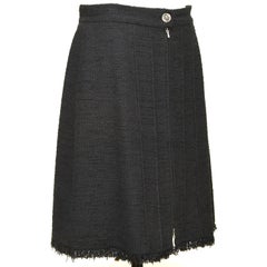 CHANEL Black Blue Tweed Skirt Cotton Zipper Button Pockets Sz 40 2013 13C