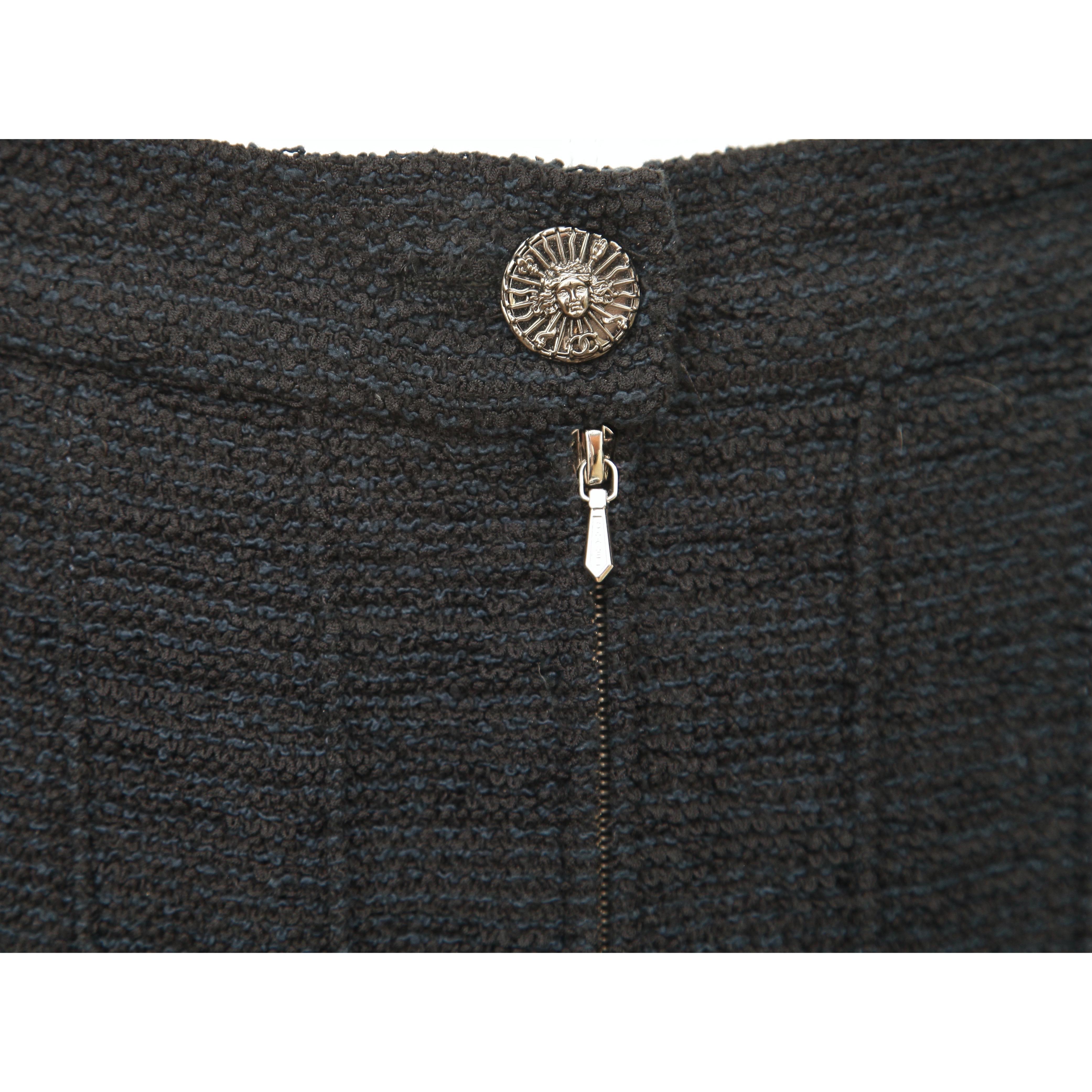 CHANEL Black Blue Tweed Skirt Cotton Zipper Button Pockets Sz 40 2013 13C 1