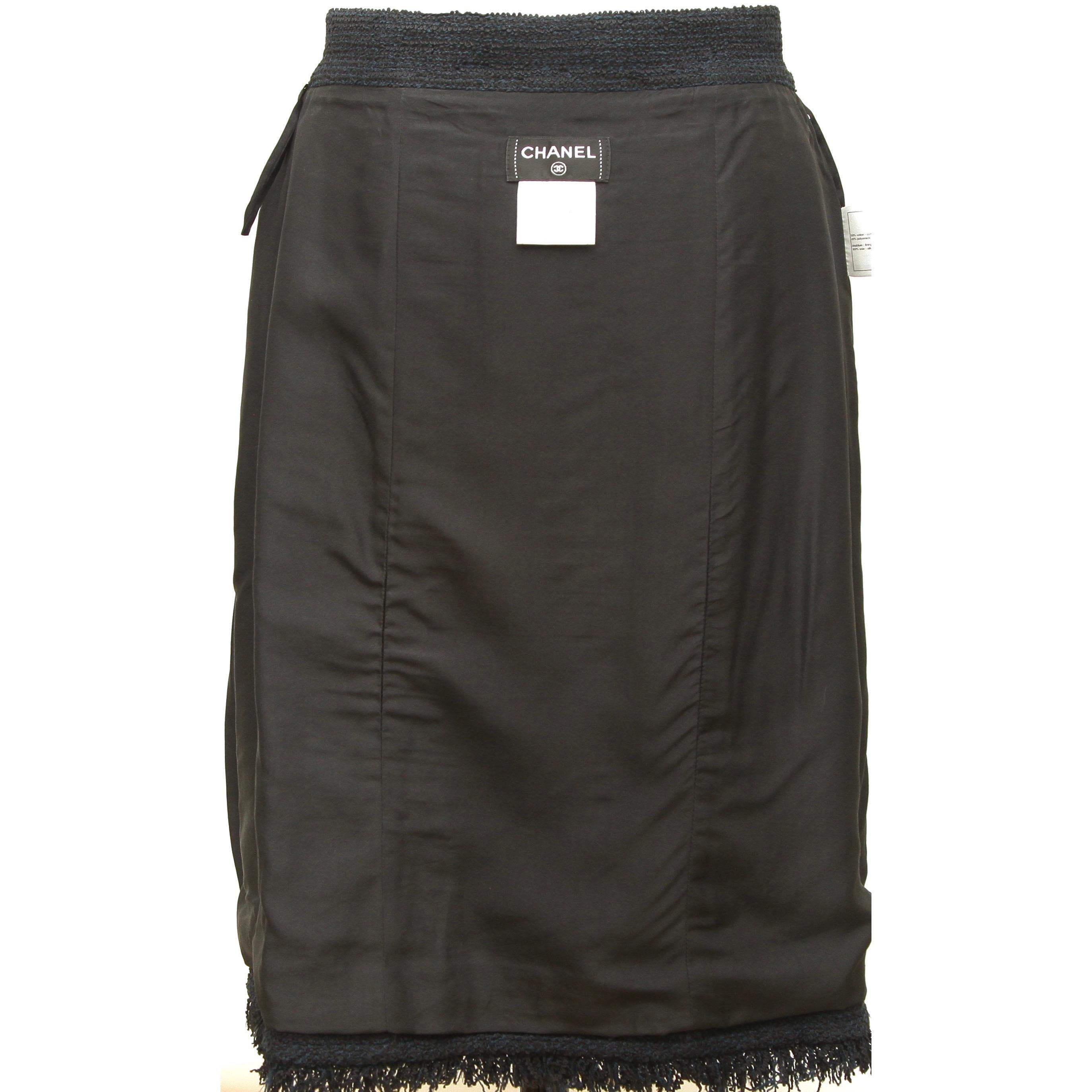 CHANEL Black Blue Tweed Skirt Cotton Zipper Button Pockets Sz 40 2013 13C 4