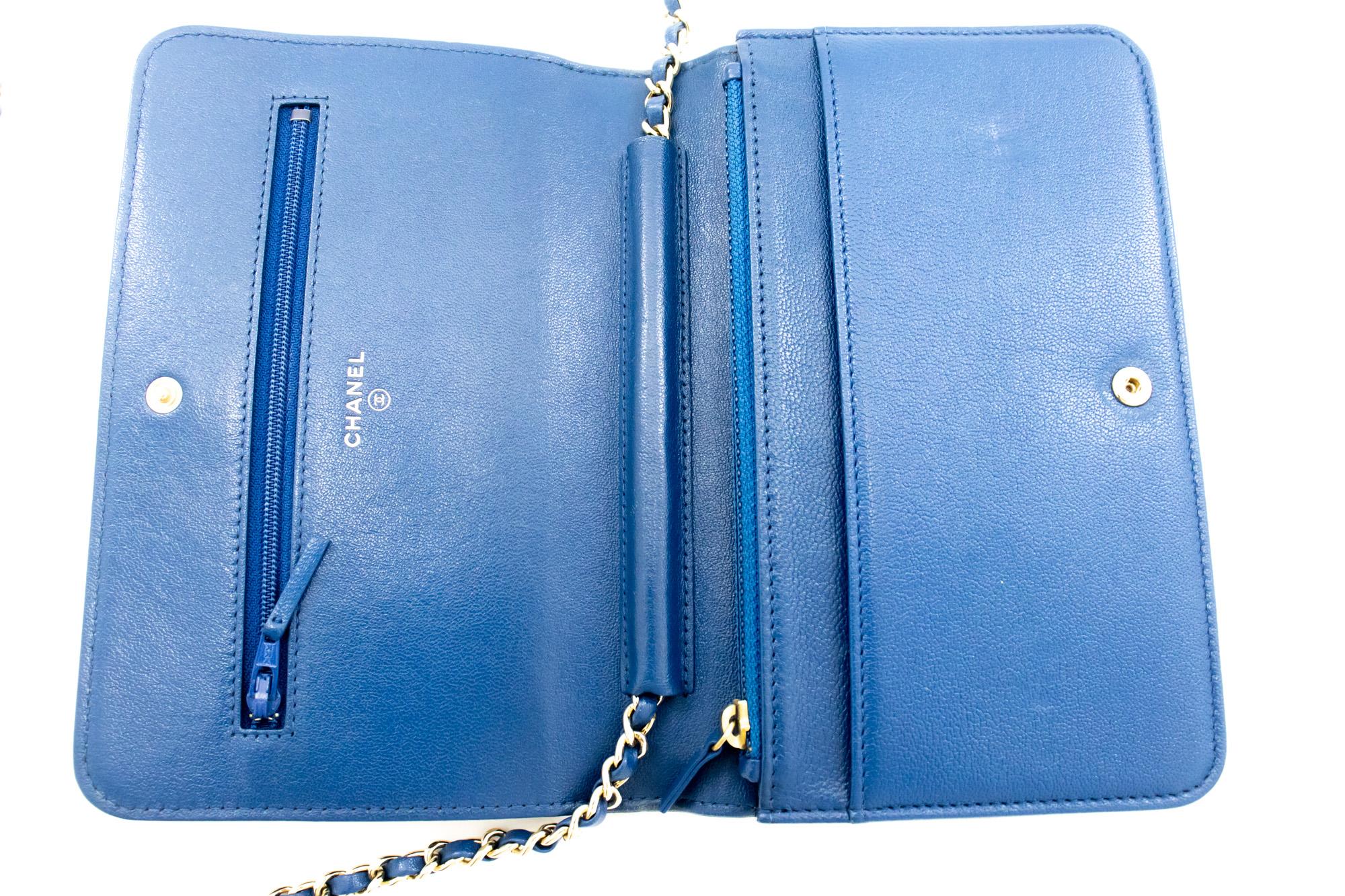 CHANEL Black Blue WOC Wallet On Chain Shoulder Crossbody Bag Gold For Sale 6