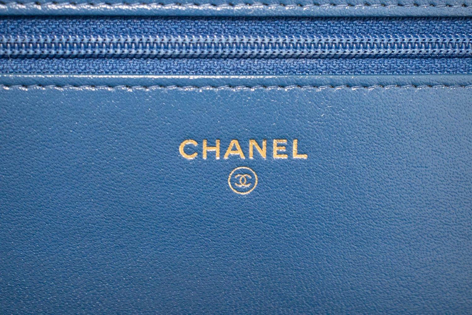 CHANEL Black Blue WOC Wallet On Chain Shoulder Crossbody Bag Gold For Sale 11