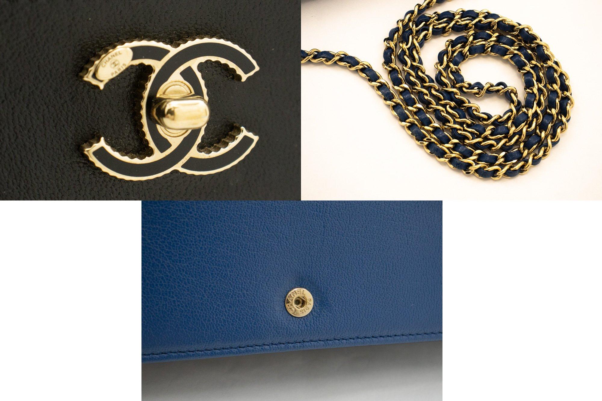 CHANEL Black Blue WOC Wallet On Chain Shoulder Crossbody Bag Gold For Sale 3