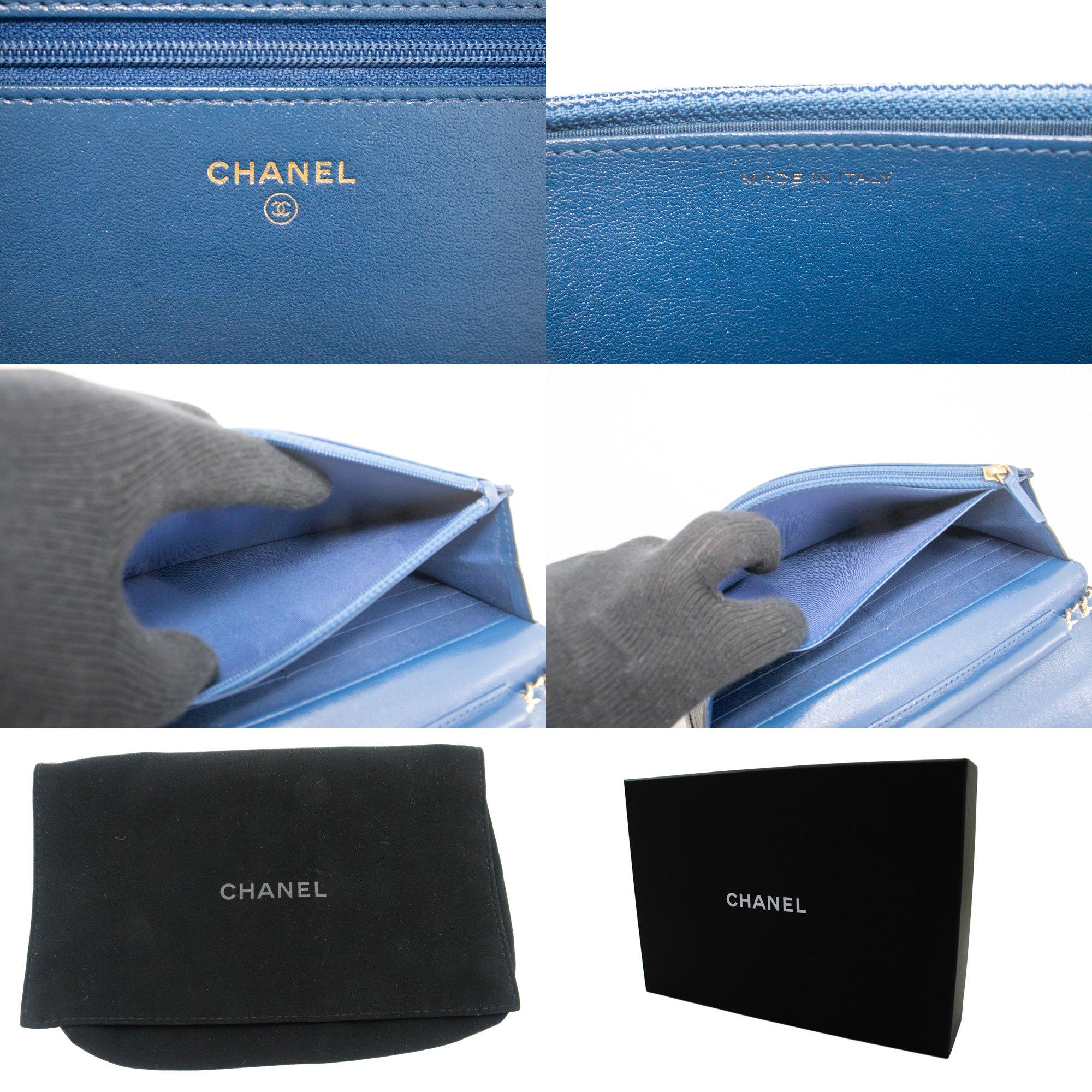 CHANEL Black Blue WOC Wallet On Chain Shoulder Crossbody Bag Gold For Sale 4