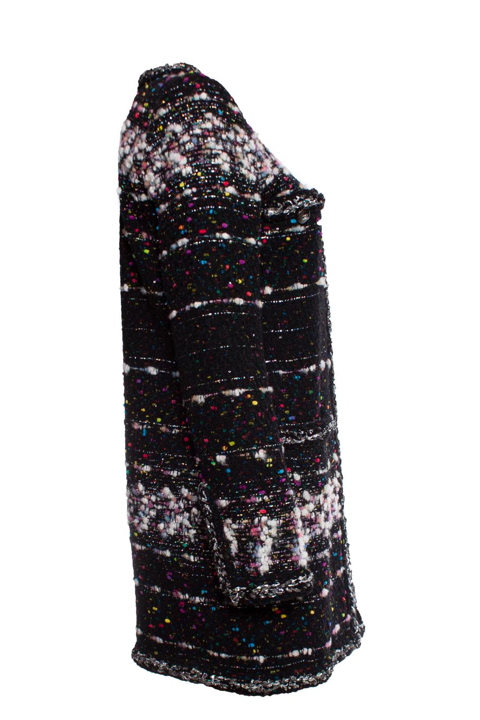 Chanel, black boucle coat with multi-colored weave In Excellent Condition In AMSTERDAM, NL