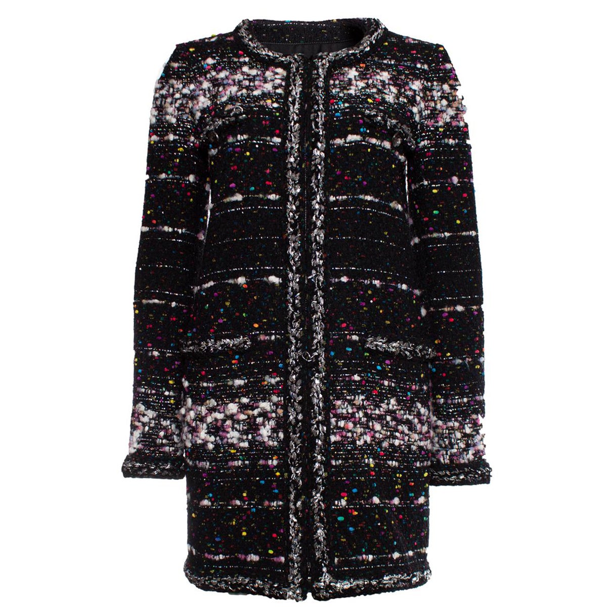 Chanel, cappotto in bouclè nero con trama multicolore in vendita