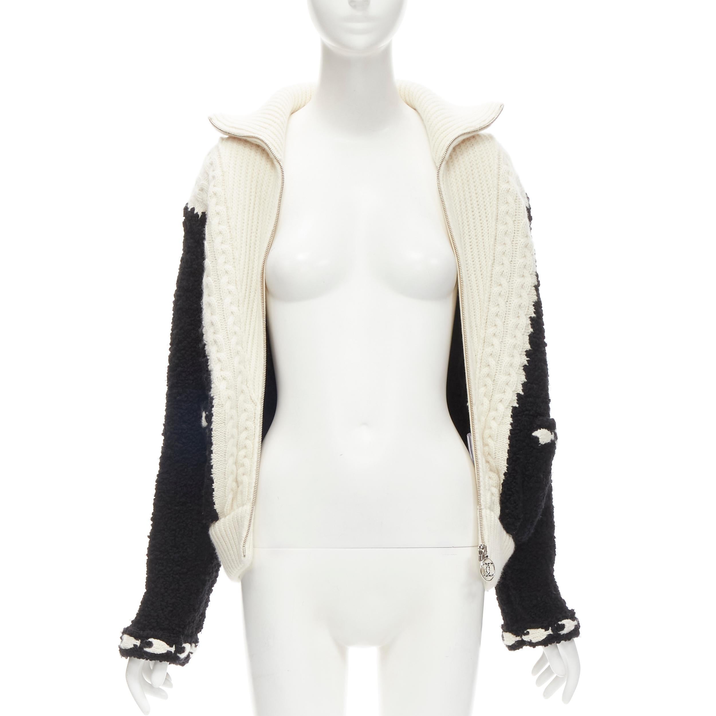 CHANEL black boucle cream cable knit faux layered cardigan jacket FR34 XS In Excellent Condition In Hong Kong, NT