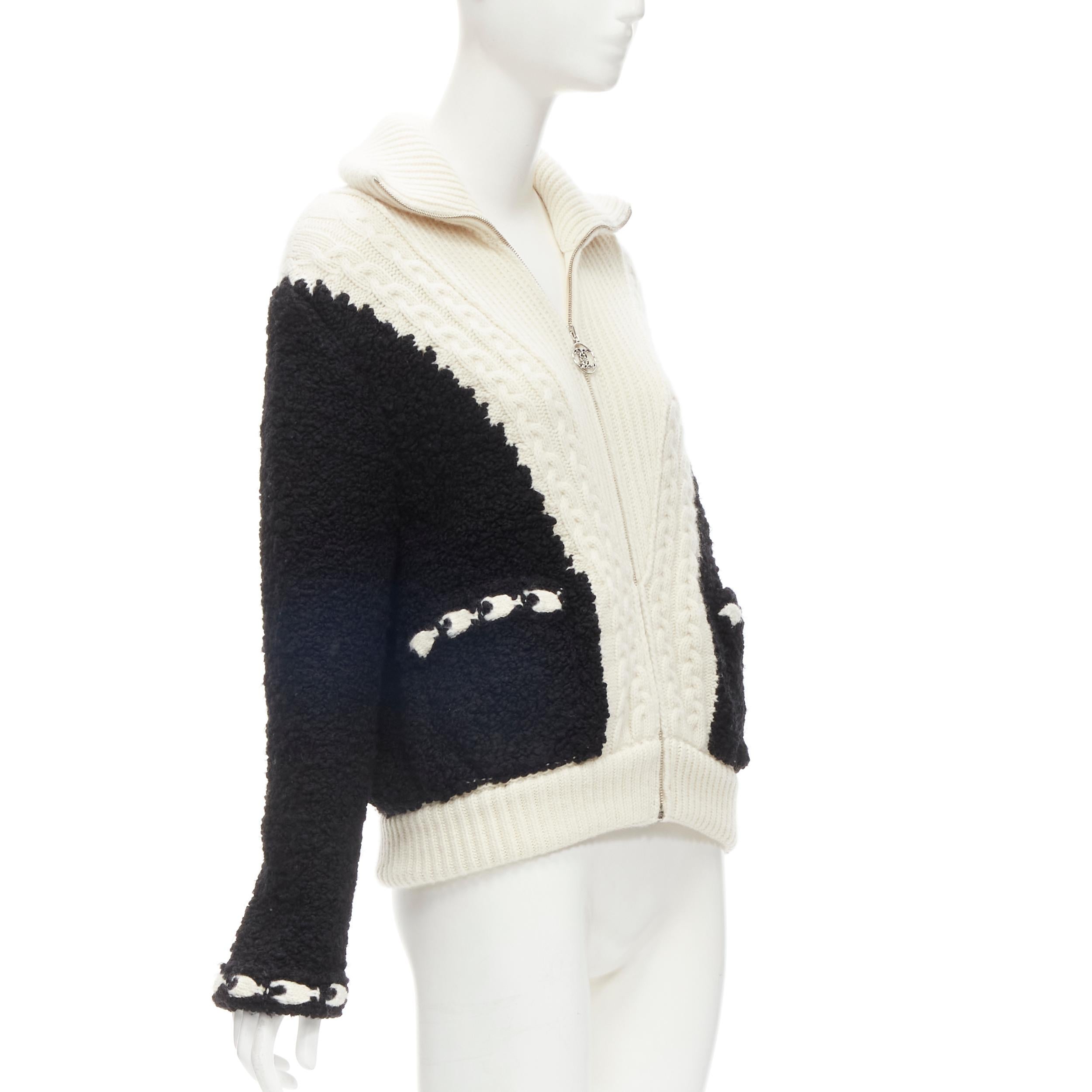 Women's CHANEL black boucle cream cable knit faux layered cardigan jacket FR34 XS