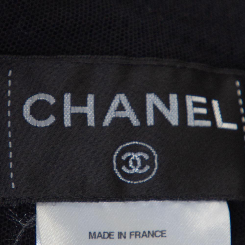 Women's Chanel Black Boucle Knit & Mesh Short Sleeve Dress L