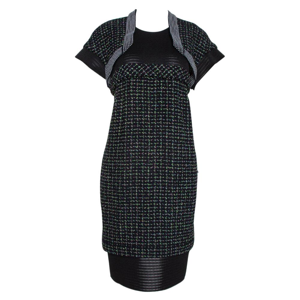 Chanel Black Boucle Knit & Mesh Short Sleeve Dress L