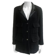 Vintage Chanel Black Boucle Wool Jacket With Sparkle Black Lurex Lapels and Lining