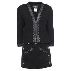 Chanel Black Boucle Wool Leather Trimmed Salzburg Skirt Suit 
