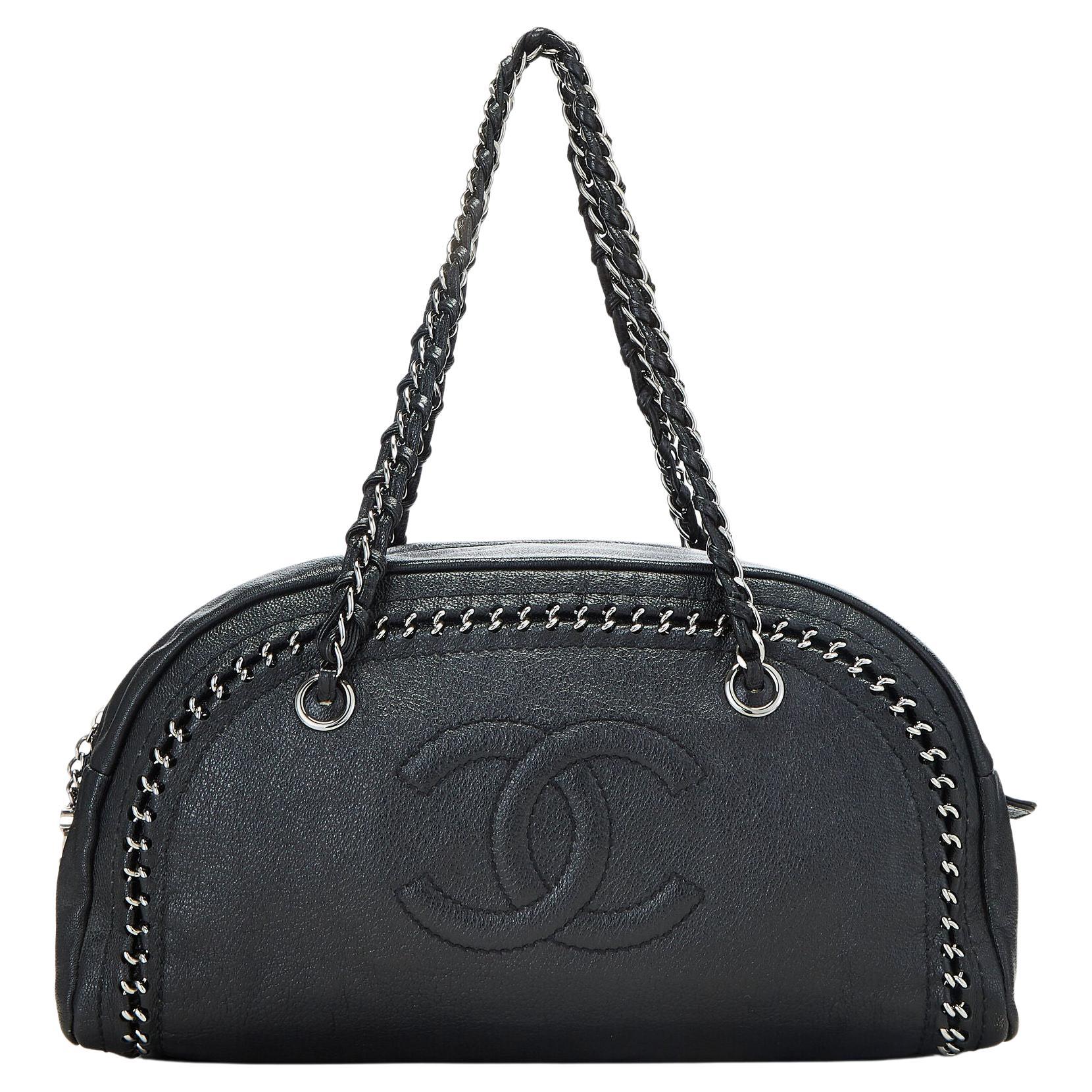 Chanel Black Bowling Bag Luxury Ligne Leather Lambskin Medium Satchel For Sale