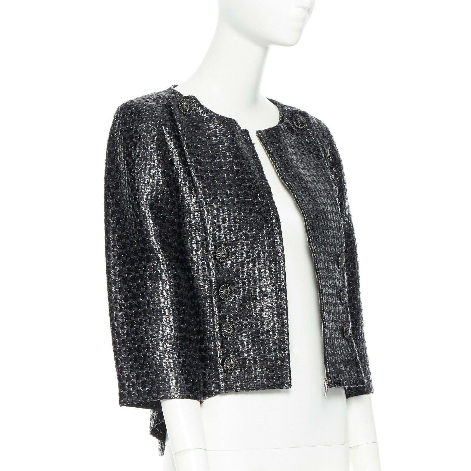 Black CHANEL black boxy 1/2 sleeves epaulettes crop acrylic mixed tweed jacket FR38 M