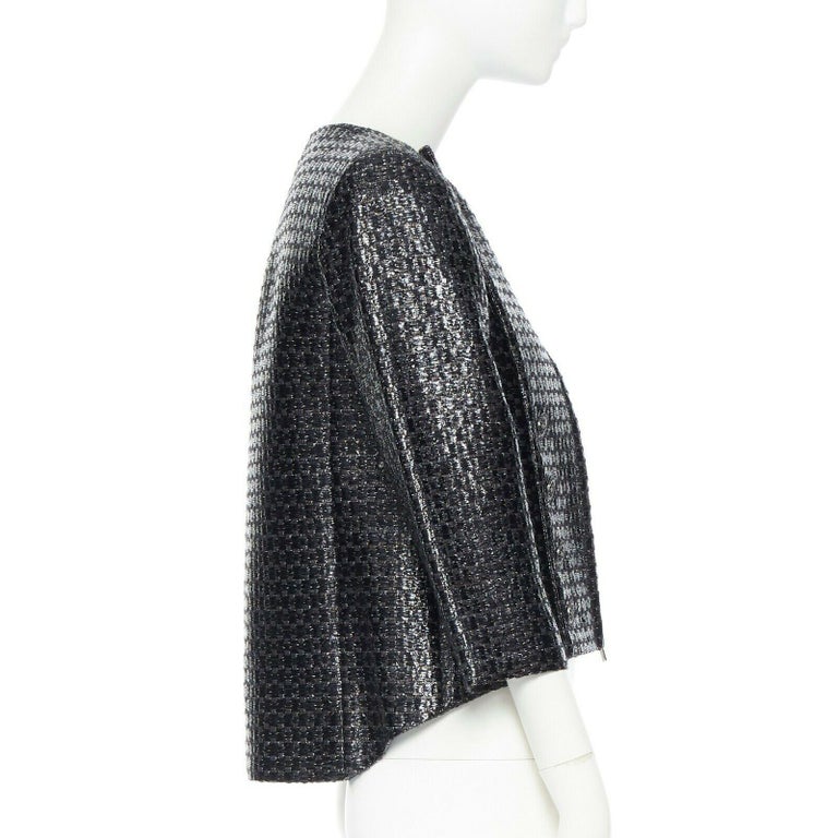 CHANEL black boxy 1/2 sleeves epaulettes crop acrylic mixed tweed ...