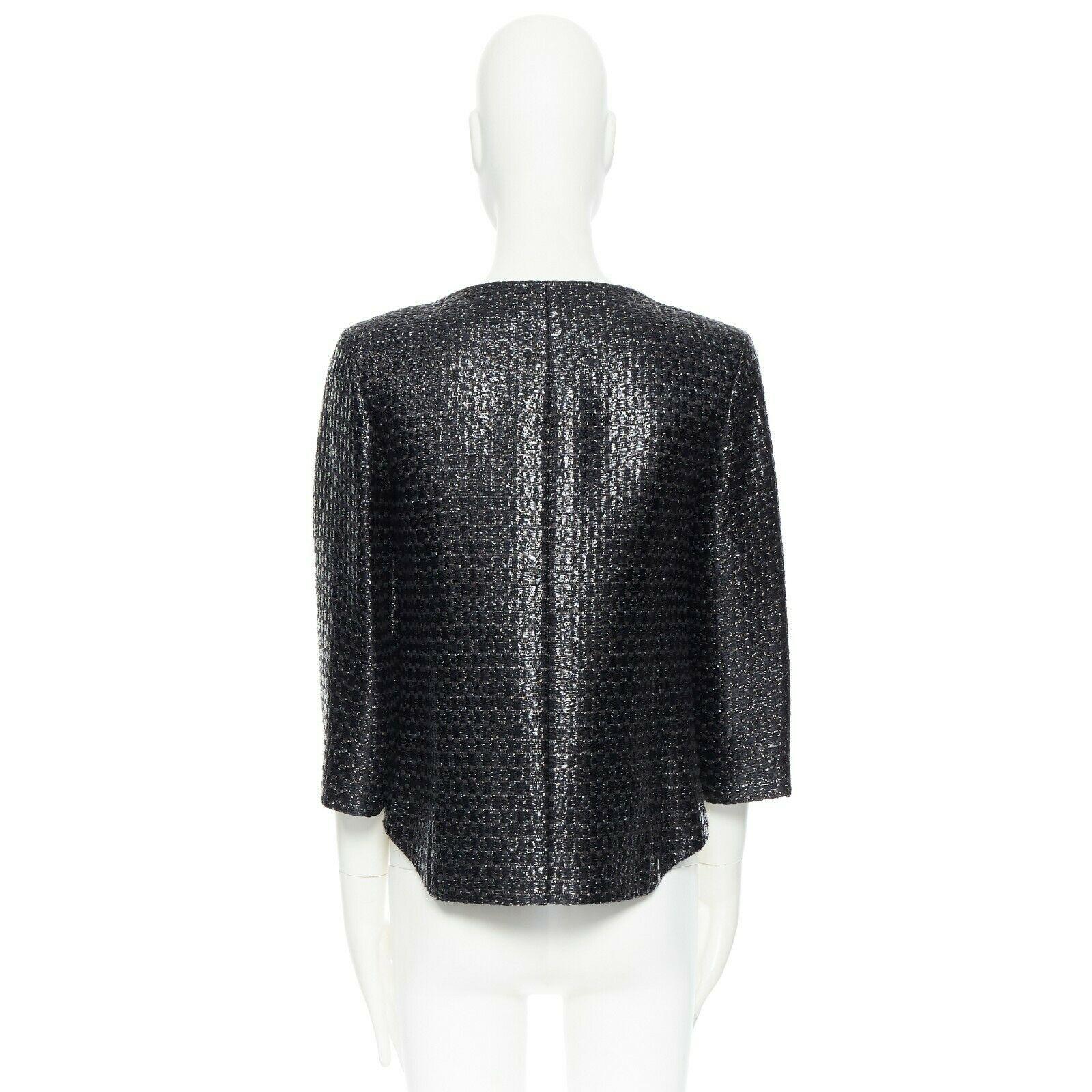 Women's CHANEL black boxy 1/2 sleeves epaulettes crop acrylic mixed tweed jacket FR38 M