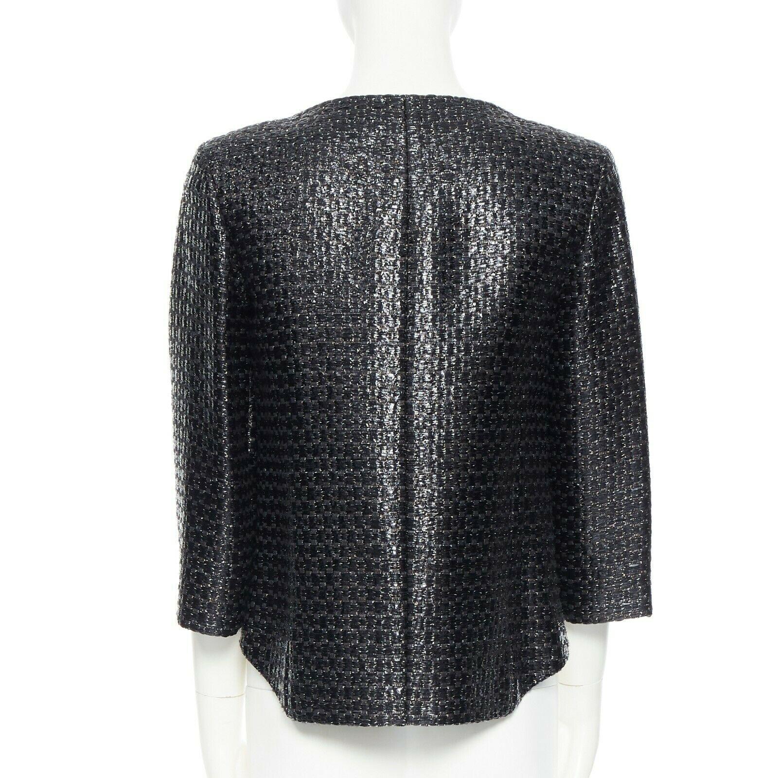 CHANEL black boxy 1/2 sleeves epaulettes crop acrylic mixed tweed jacket FR38 M 1