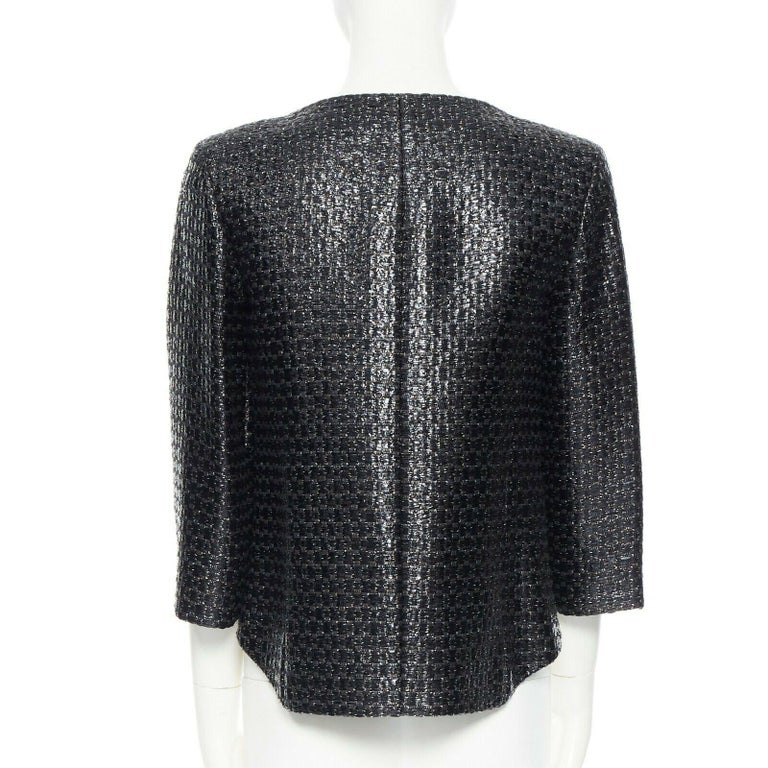 CHANEL black boxy 1/2 sleeves epaulettes crop acrylic mixed tweed ...