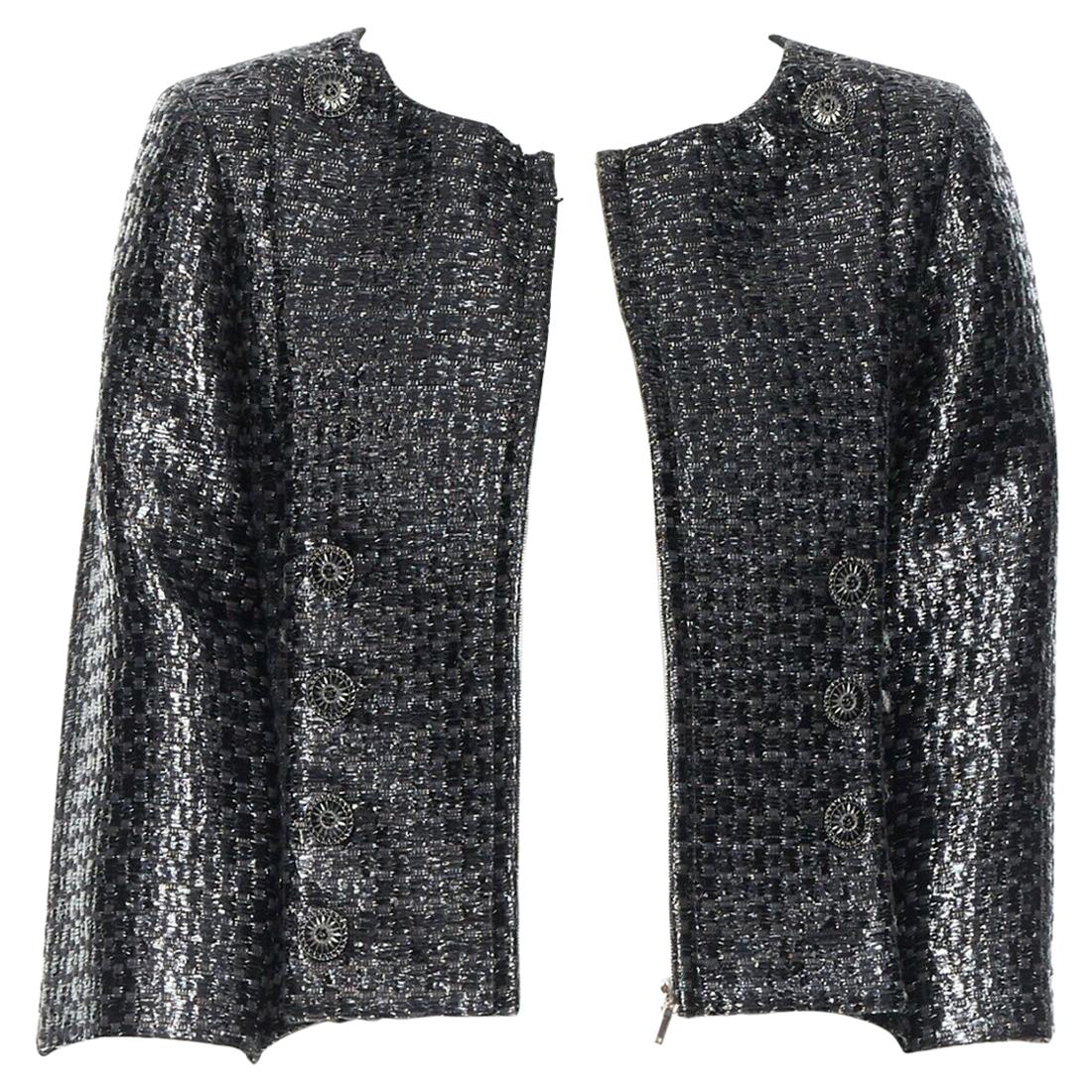 CHANEL black boxy 1/2 sleeves epaulettes crop acrylic mixed tweed jacket FR38 M