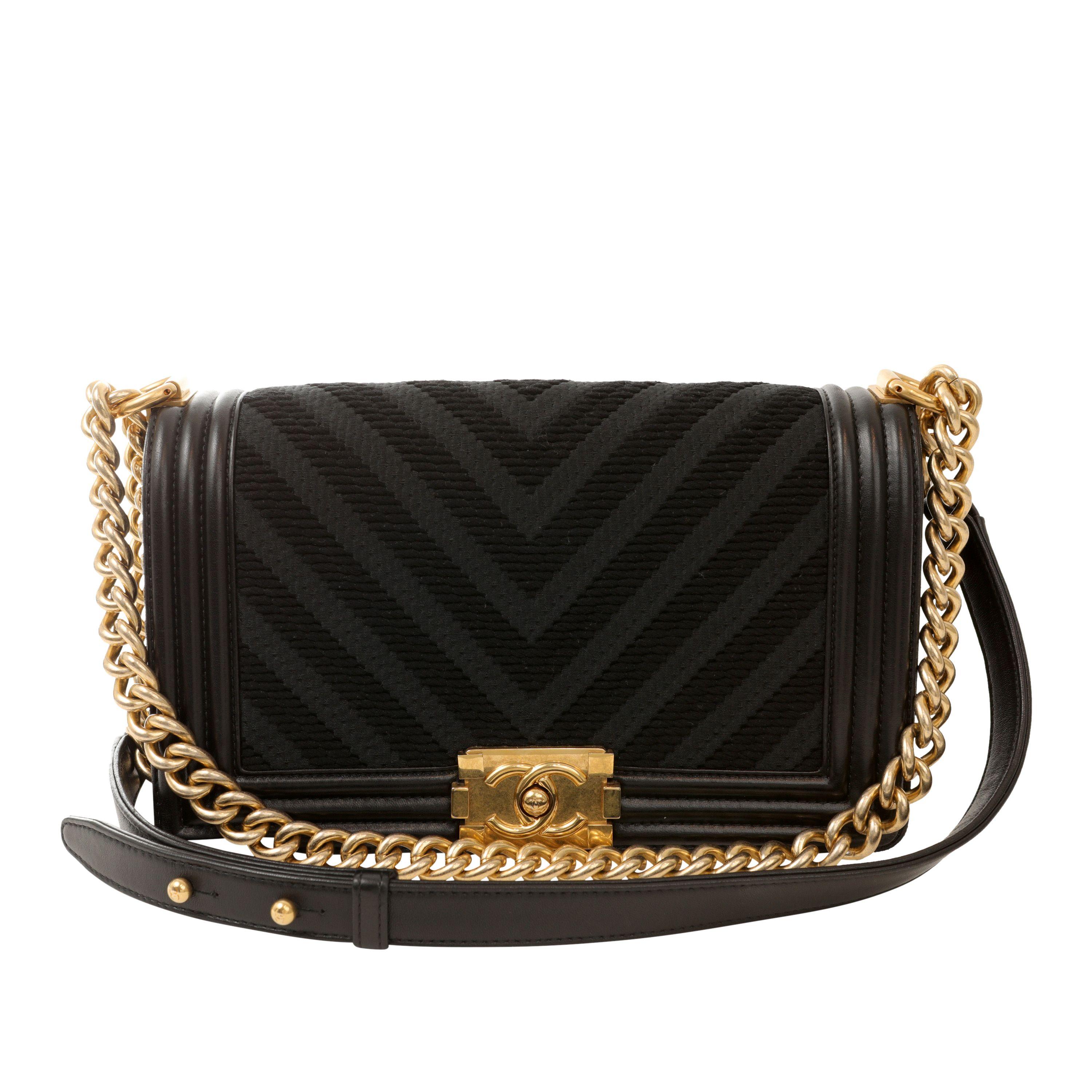 Women's Chanel Black Braided Twill Medium Boy Bag with Gold Hardware