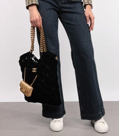 Chanel Black Braided Velvet & Gold Metallic Lambskin Shopping Tote