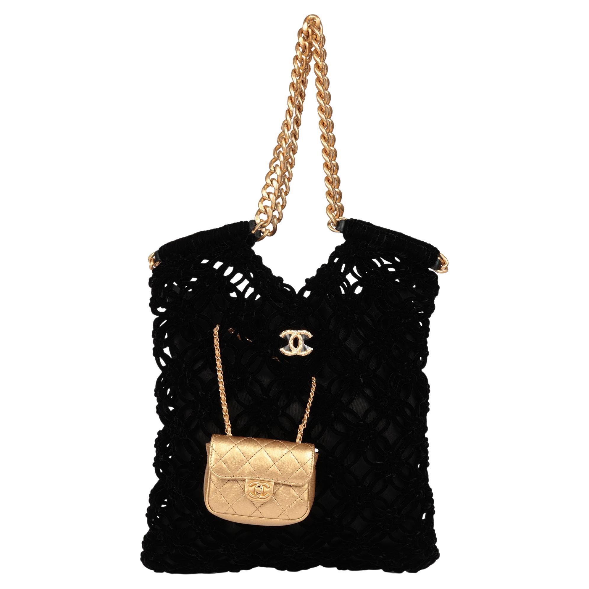 Chanel Black Braided Velvet & Gold Metallic Lambskin Shopping Tote For Sale
