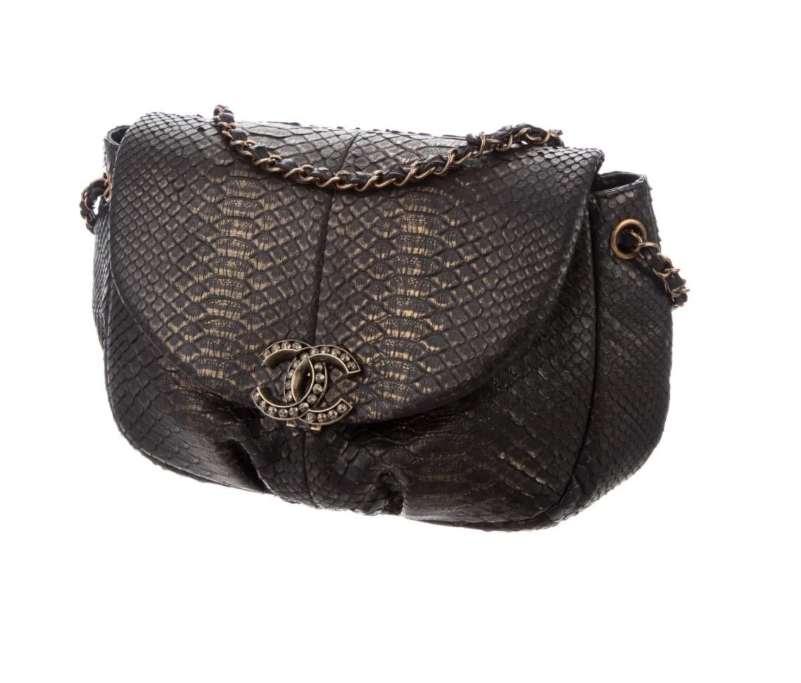 Chanel Black Bronze Snakeskin Exotic Half Moon Small Shoulder Flap Bag In Good Condition In Chicago, IL