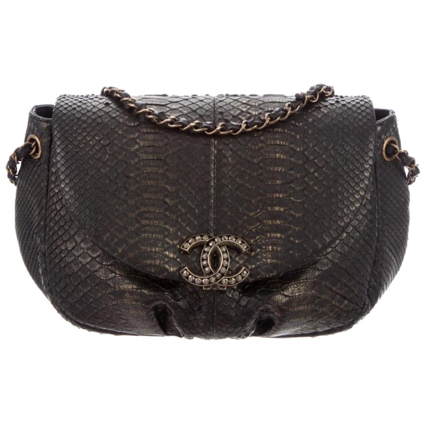 Chanel Black Bronze Snakeskin Exotic Half Moon Small Shoulder Flap Bag