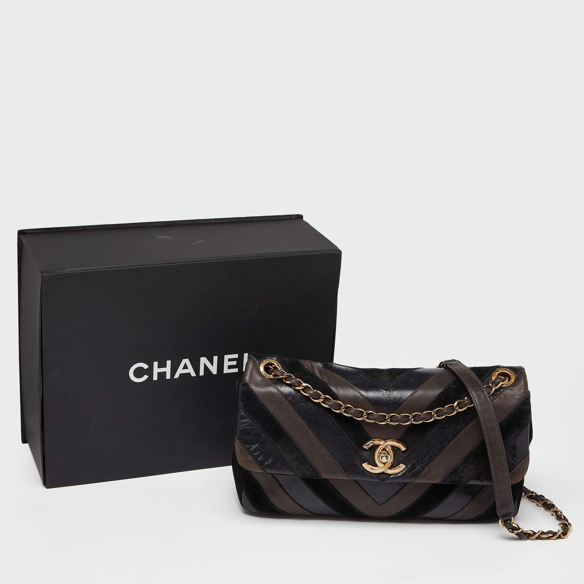 Chanel Black/Brown Chevron Suede and Leather Flap Bag 8
