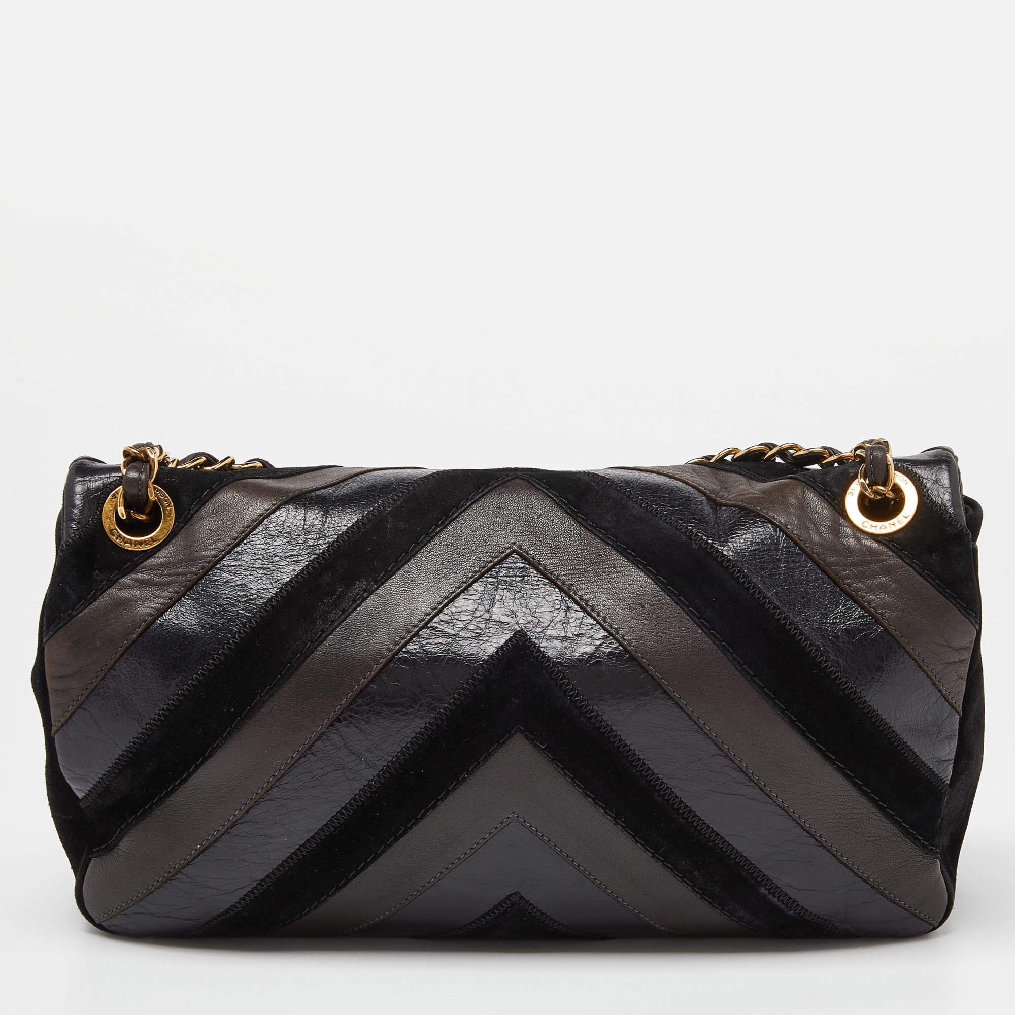 Women's Chanel Black/Brown Chevron Suede and Leather Flap Bag