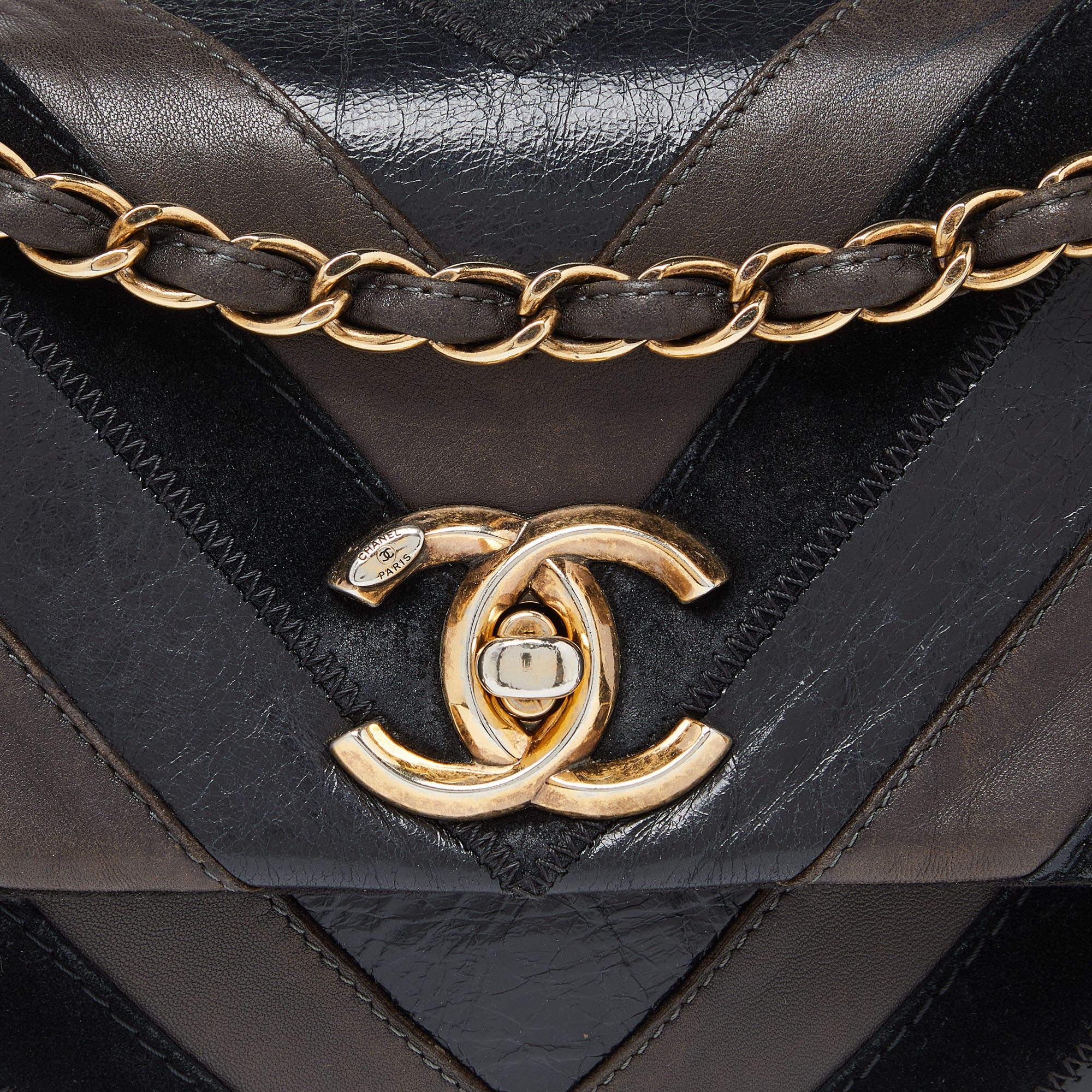 Chanel Black/Brown Chevron Suede and Leather Flap Bag 1