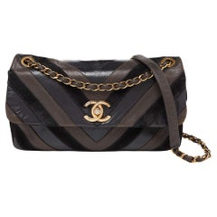 Chanel Black/Brown Chevron Suede and Leather Flap Bag