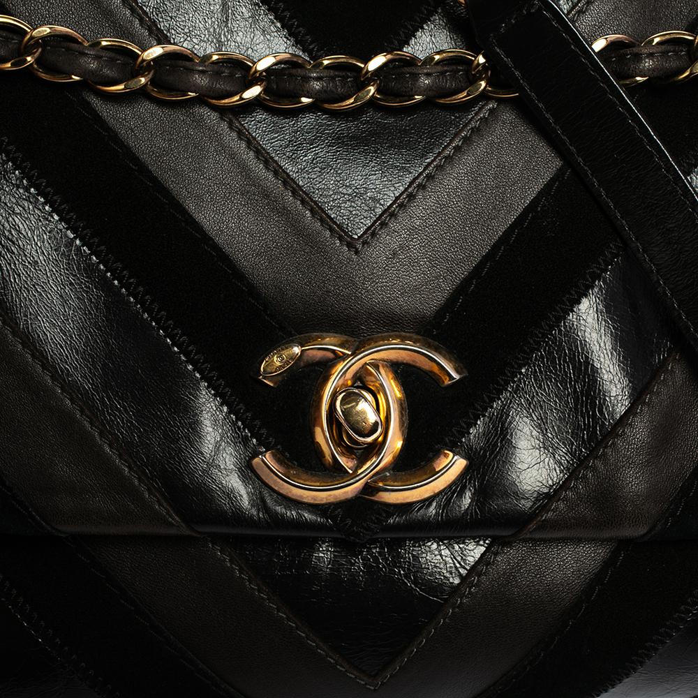 Chanel Black/Brown Leather and Suede Jumbo Surpique Flap Bag 1