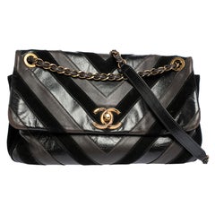 Chanel Black/Brown Leather and Suede Jumbo Surpique Flap Bag
