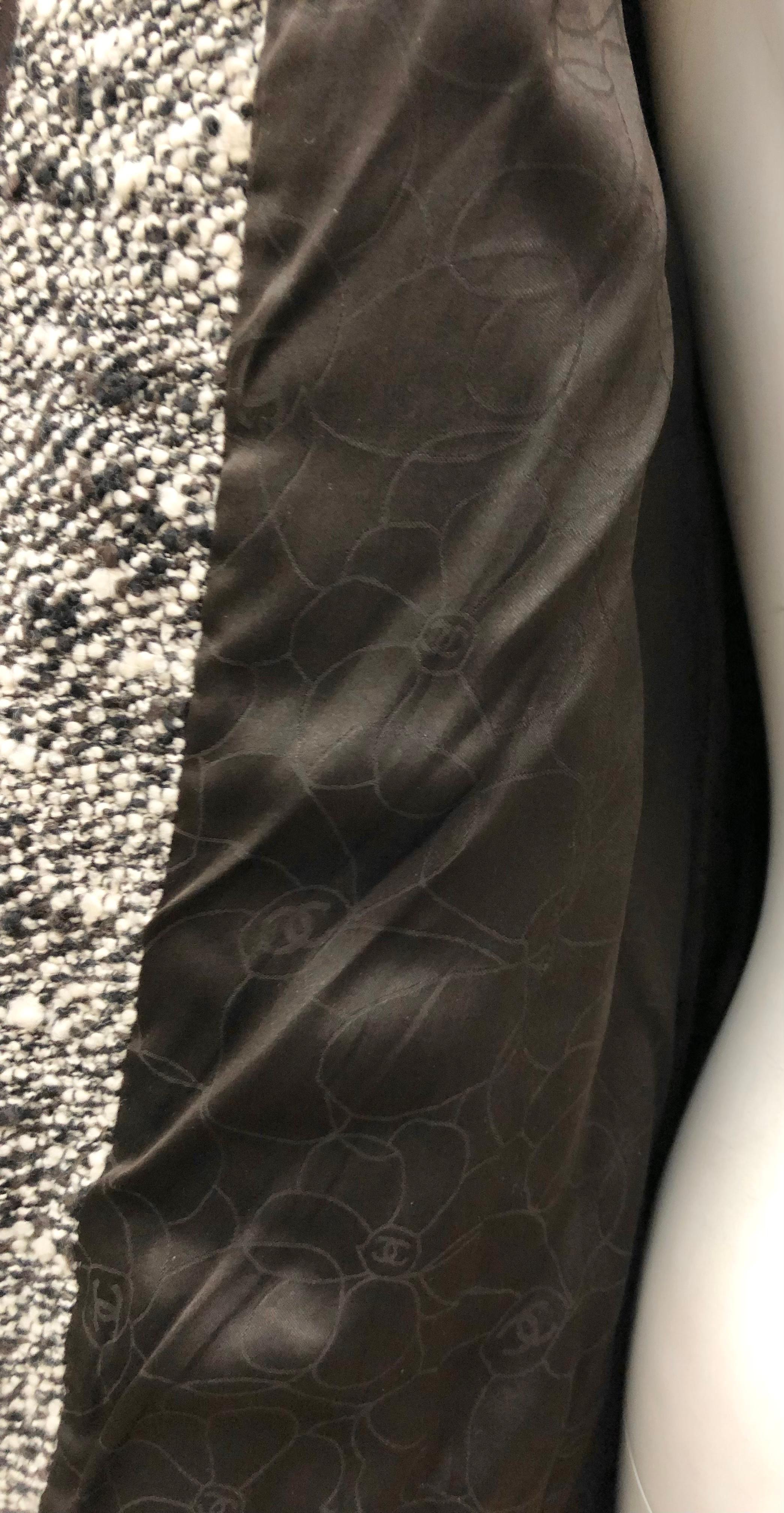 Chanel Black/Brown/White with Embroidered Patches and Fringe Wool Tweed Jacket For Sale 1
