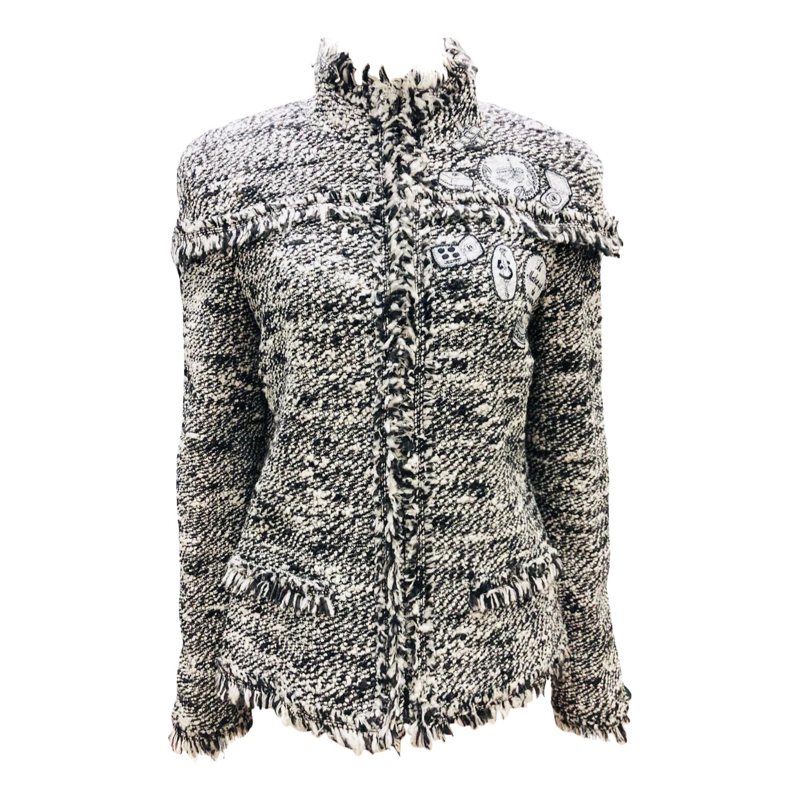 Chanel Schwarz/Braun/Weiß mit gestickten Aufnähern und Fransen Tweedjacke aus Wolle