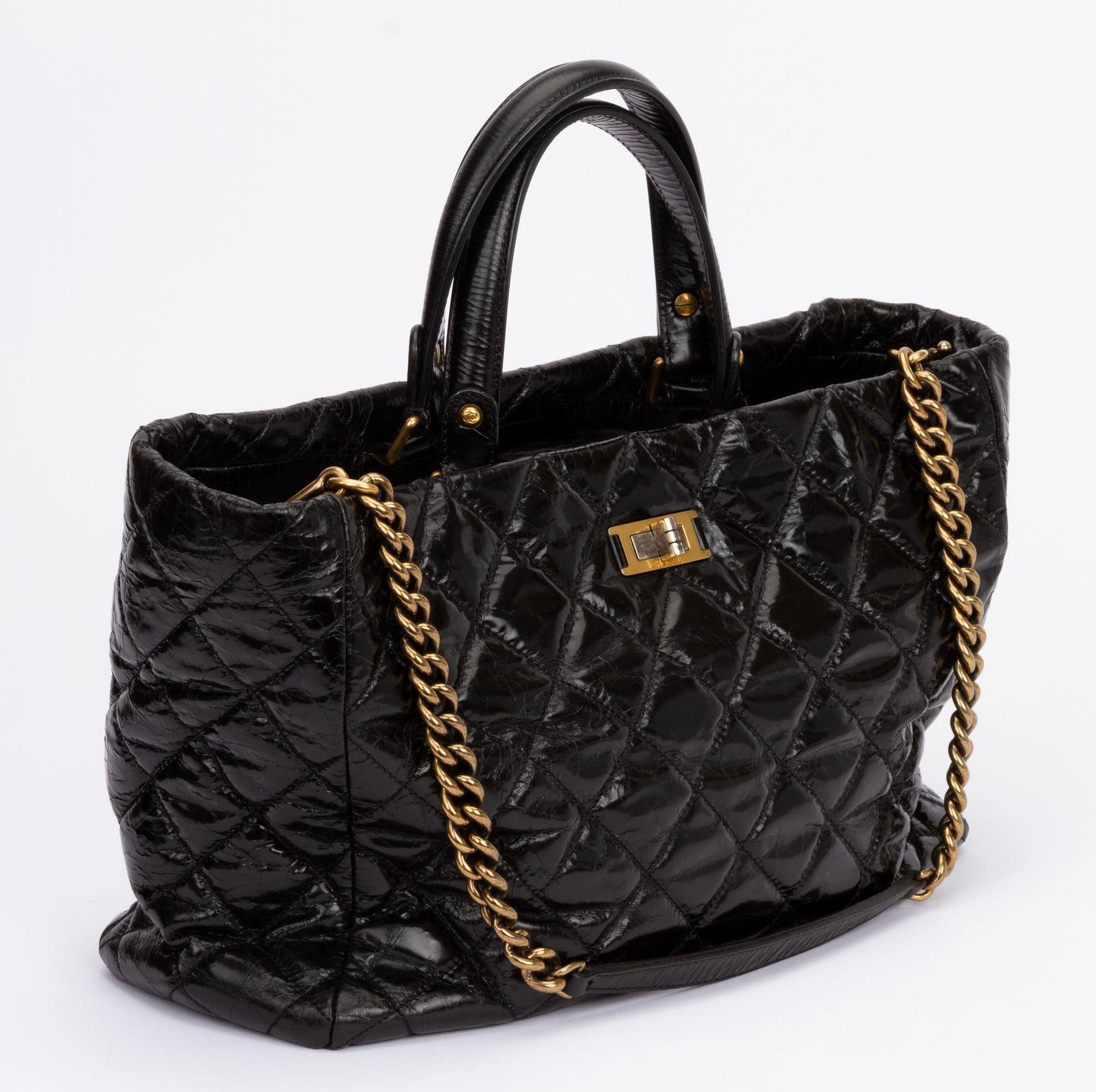 Chanel black brushed leather reissue tote. Two tone hardware. Detachable shoulder strap (drop 13