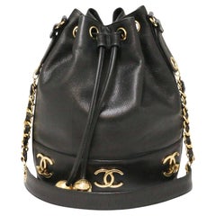 Used Chanel Black Bucket Bag In Caviar Leather