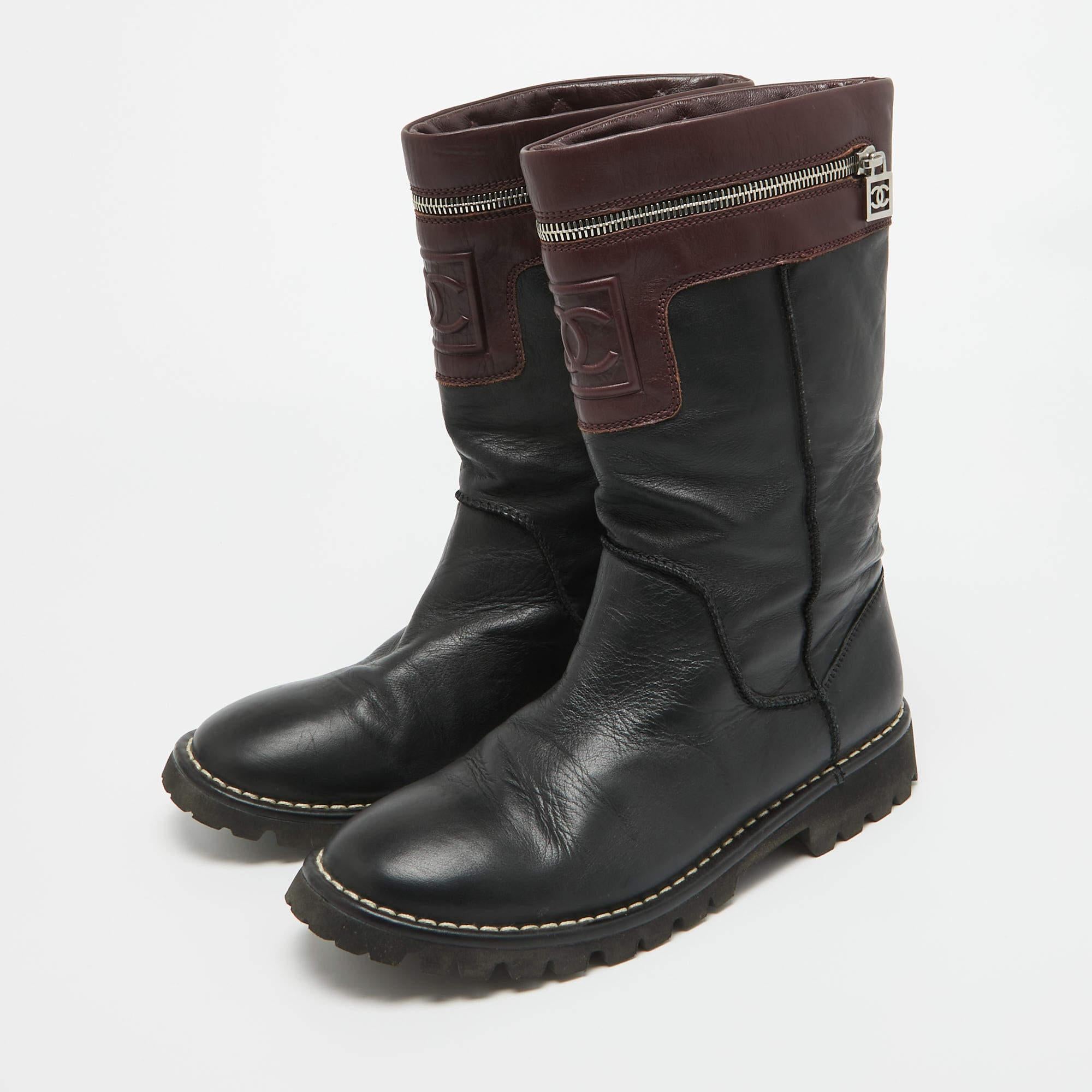 Chanel Black/Burgundy Leather CC Mid Calf Boots Size 39.5 4