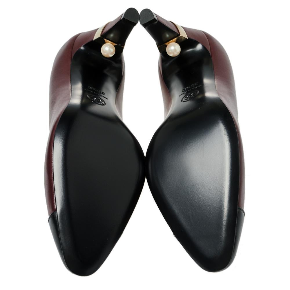 Chanel Black/Burgundy Leather CC Pearl Embellished Heel Pumps Size 36.5 3