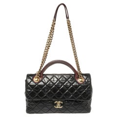 Chanel Black/Burgundy Quilted Glazed Leather Medium Castle Rock Top Handle Bag