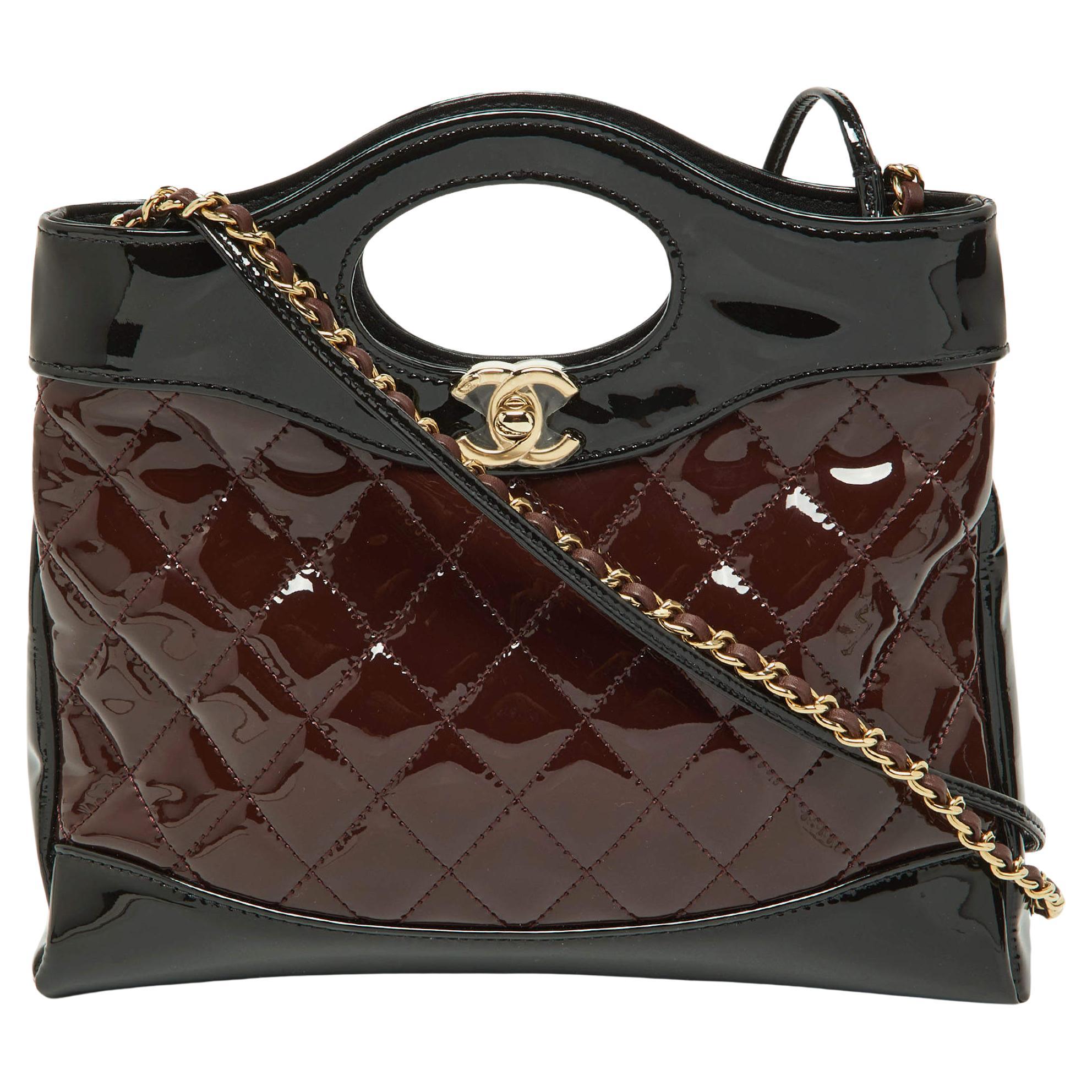 Chanel Black/Burgundy Quilted Patent Leather Mini 31 Shopping Tote For Sale