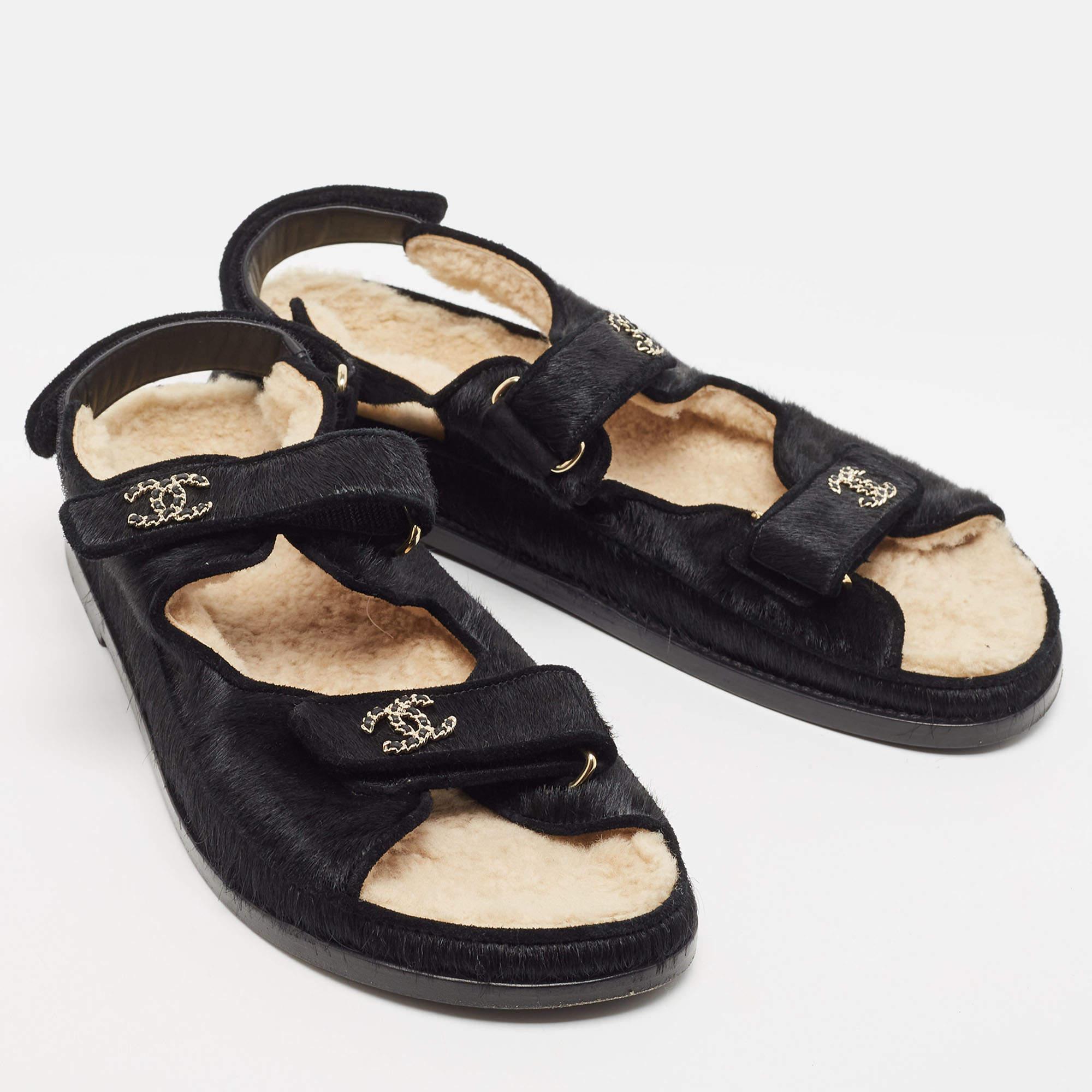 Women's Chanel Black Calf Hair Dad Embellished CC Slingback Flat Sandals Size 42