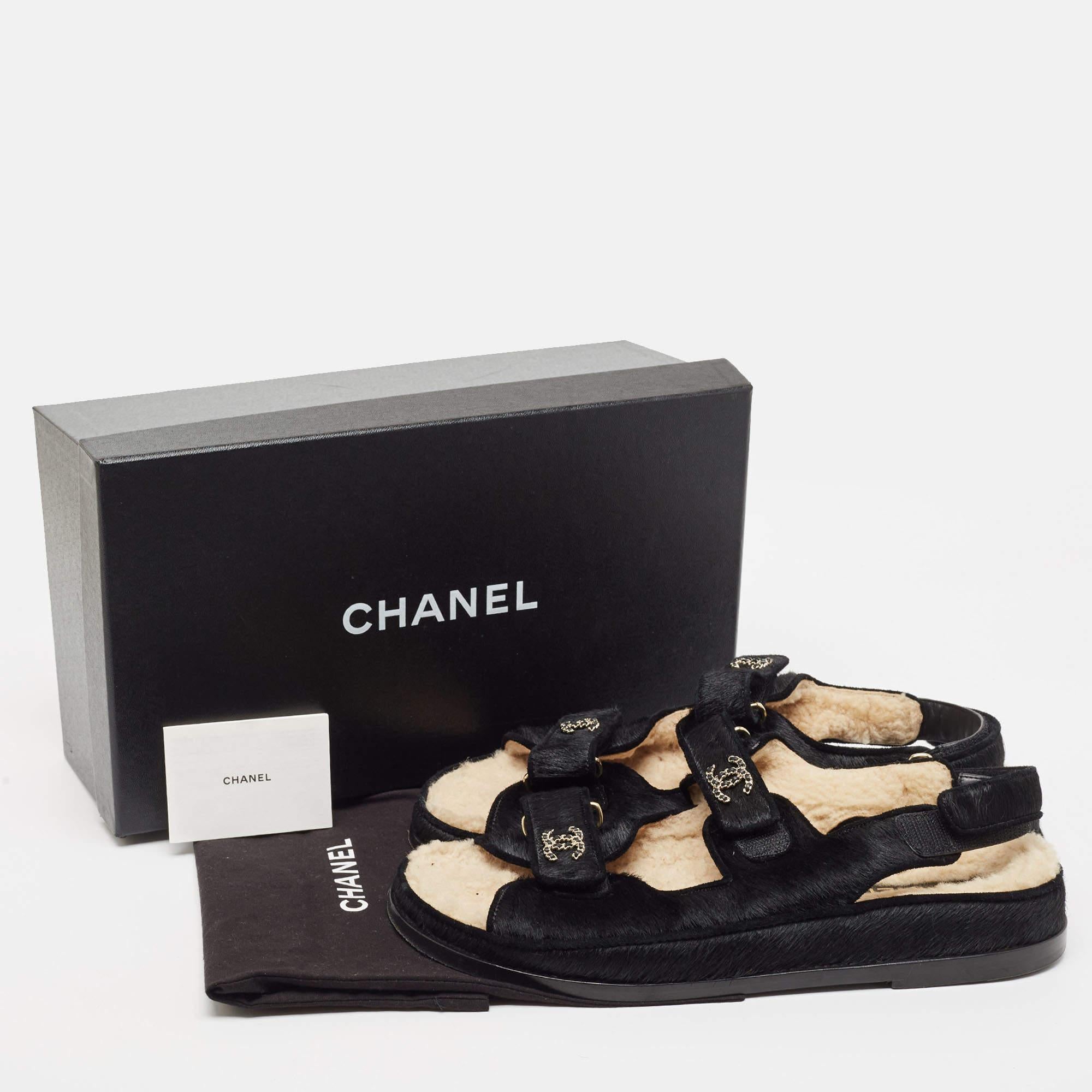 Chanel Black Calf Hair Dad Embellished CC Slingback Flat Sandals Size 42 2