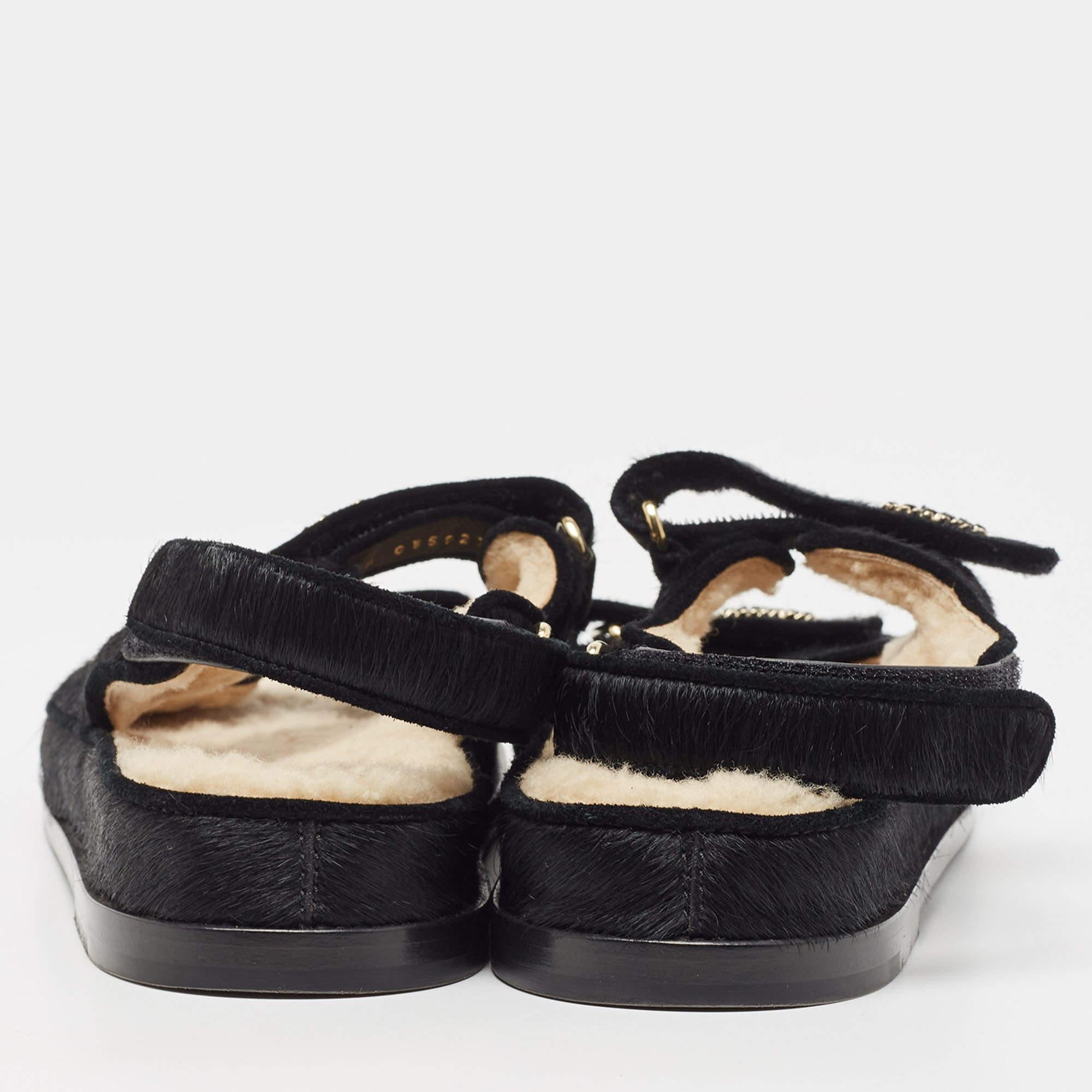 Chanel Black Calf Hair Dad Embellished CC Slingback Flat Sandals Size 42 5
